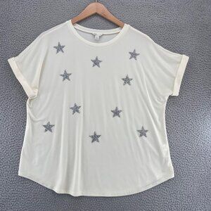 Cato Top Womens Extra Large Ivory Rhinestone Stars Dolman Short Sleeve Stretch
